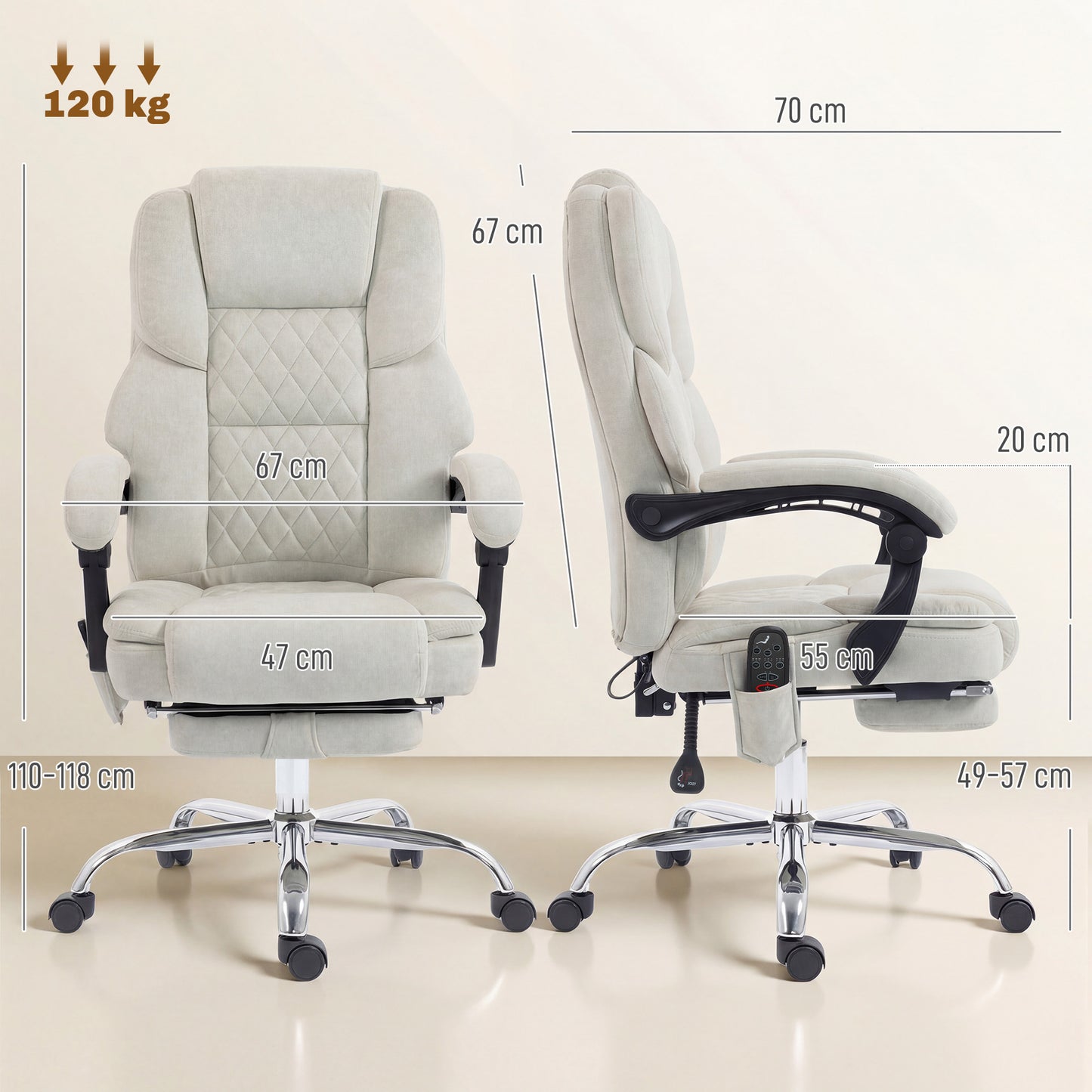 HOMCOM Office Chair with 6-point Vibration Massage and Heat, Fabric Desk Chair with Footrest, High Back, Cream White-Office Chairs-ChewyGames-ChewyGames