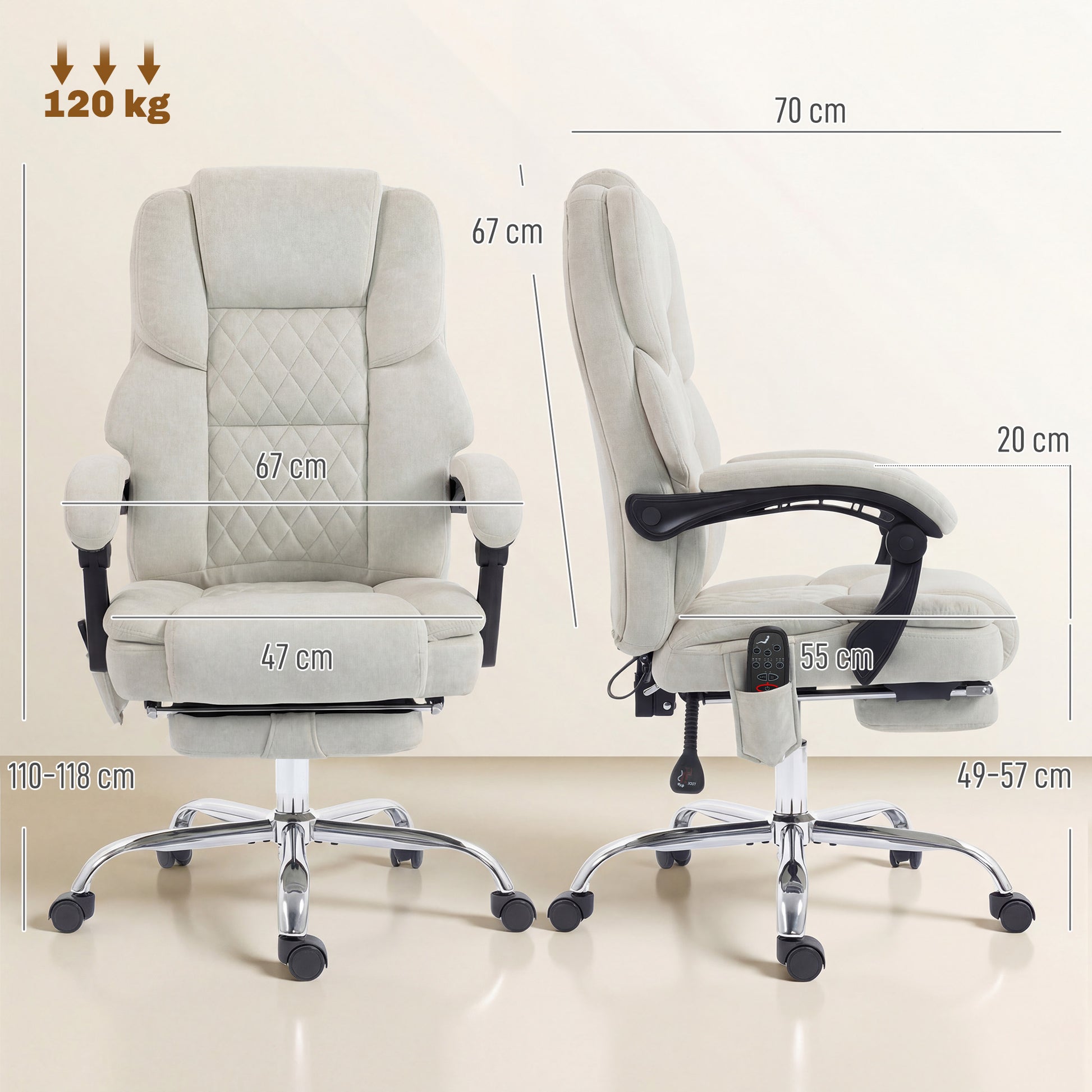 HOMCOM Office Chair with 6-point Vibration Massage and Heat, Fabric Desk Chair with Footrest, High Back, Cream White-Office Chairs-ChewyGames-ChewyGames
