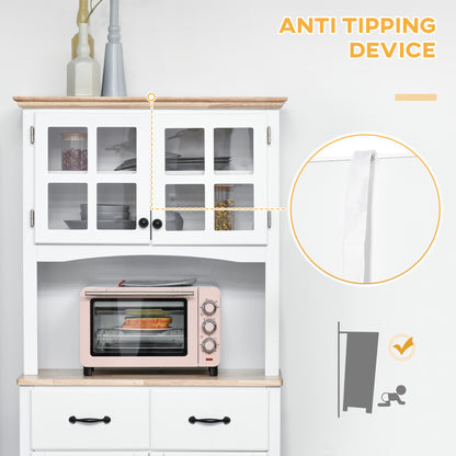 HOMCOM Freestanding Kitchen Cupboard, Kitchen Storage Cabinet with Framed Glass Doors, 2 Drawers, Microwave Counter, 172cm, White