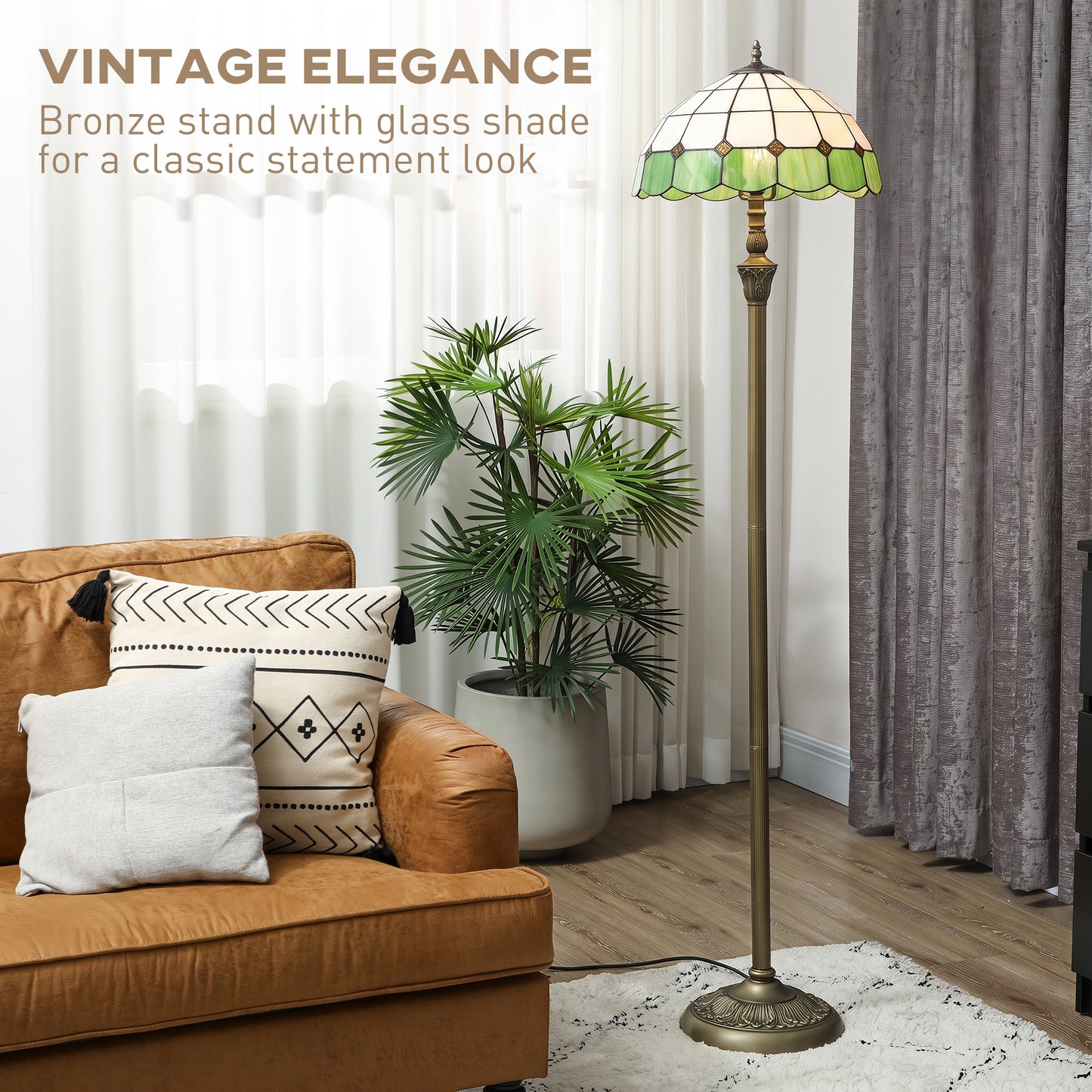 HOMCOM Tiffany-Style Floor Lamp with Handcrafted Stained Glass Shade, 152cm Tall Vintage Standing Lamp, Bronze Tone and Green