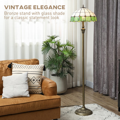 HOMCOM Tiffany-Style Floor Lamp with Handcrafted Stained Glass Shade, 152cm Tall Vintage Standing Lamp, Bronze Tone and Green