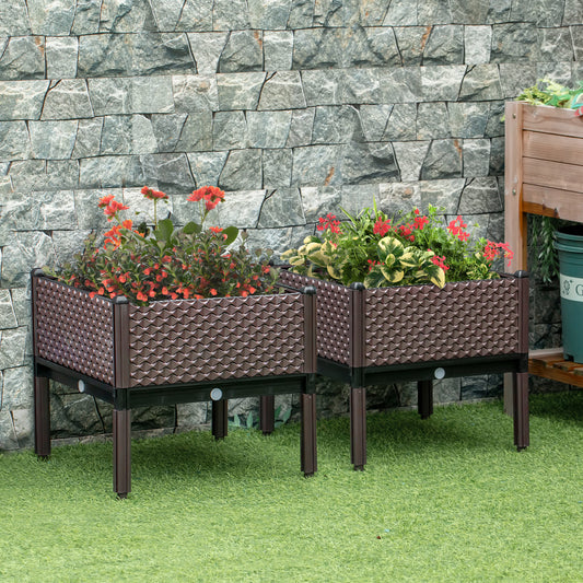 Outsunny Set of 2 Indoor/Outdoor Planter Boxes | Garden Raised Elevated Beds, Flowers Vegetables Fruits Herbs Container w/ Self-Watering Design Drainage Holes, Brown--ChewyGames-ChewyGames