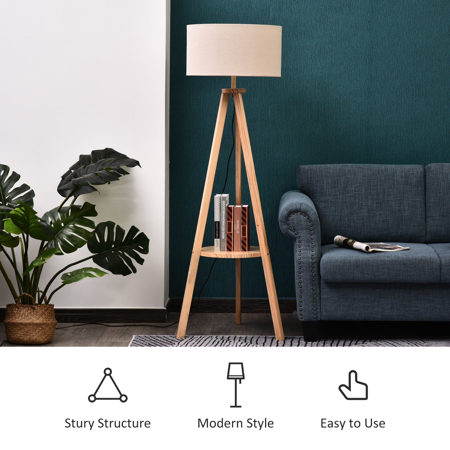 HOMCOM Tripod Floor Lamp, Freestanding Bedside Light Reading Light with Storage Shelf and Linen Shade for Living Room Bedroom, 154cm, Cream