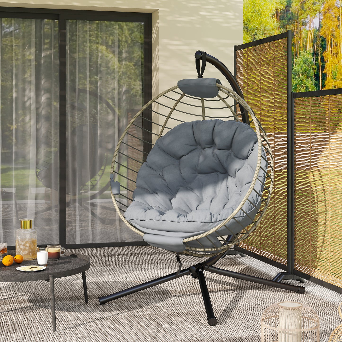 Outsunny PE Rattan Swing Chair, Outdoor Hanging Chair with Metal Stand, Thick Padded Cushion, Foldable Basket and Cup Holder, for Indoor and Outdoor, Grey