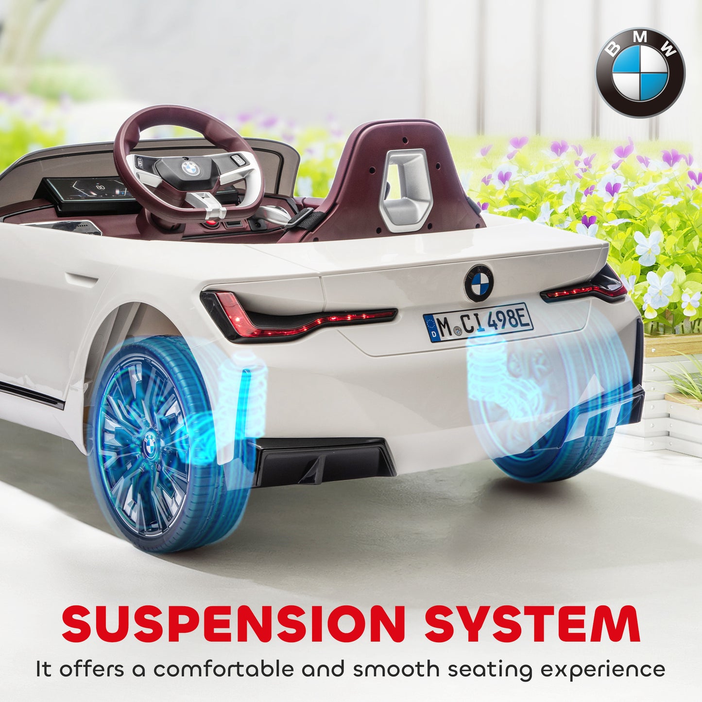 HOMCOM BMW i4 Licensed 12V Kids Electric Ride-On Car, White, Red and Light Blue