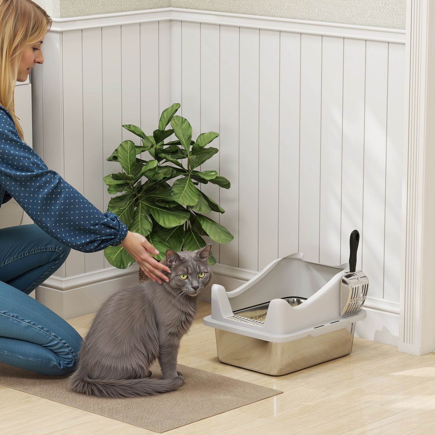 PawHut Stainless Steel Cat Litter Box with High Sides, Metal Scoop, 43 x 33 x 25 cm