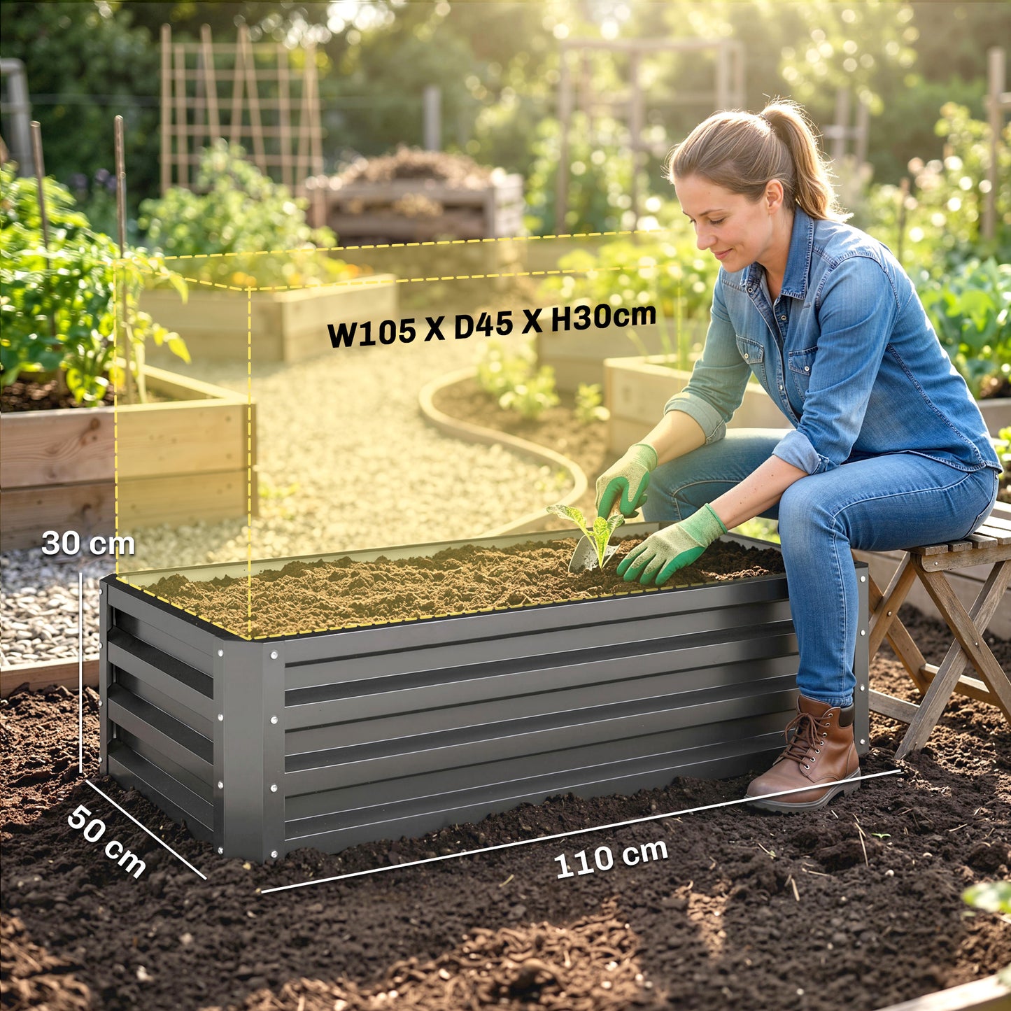 Outsunny Set of Two 110 x 50cm Steel Planter Boxes -  Dark Grey