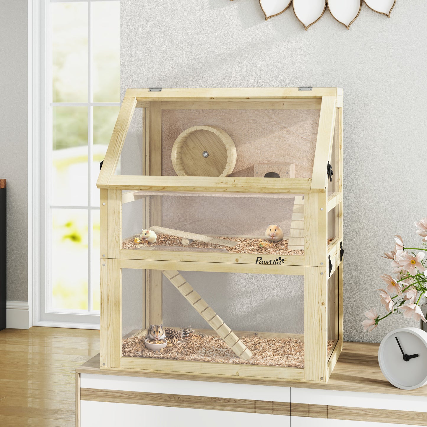 PawHut Wooden Hamster Cage with Detachable 32cm Deep Bottom, Hut, Seesaw, Exercise Wheel, Ramp, 60 x 40 x 75cm, Natural--ChewyGames-ChewyGames
