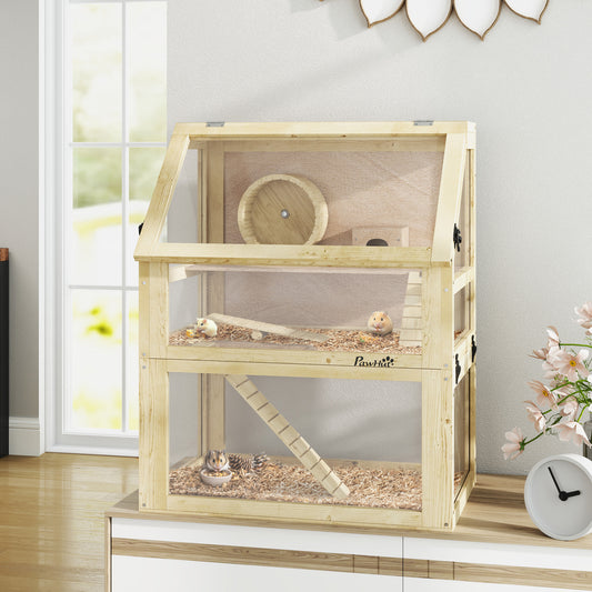 PawHut Wooden Hamster Cage with Detachable 32cm Deep Bottom, Hut, Seesaw, Exercise Wheel, Ramp, 60 x 40 x 75cm, Natural--ChewyGames-ChewyGames