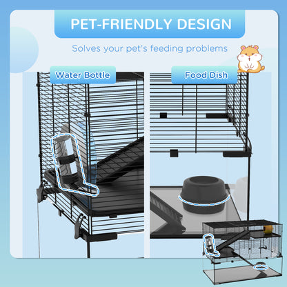 PawHut 3 Tiers Hamster Cage, Gerbil Cage with Deep Glass Bottom, Non-Slip Ramps, Platforms, Hut, Exercise Wheels, Water Bottle, Dish, for Syrian Hamster, Dwarf Hamster, 76.5 x 48.5 x 54.5cm