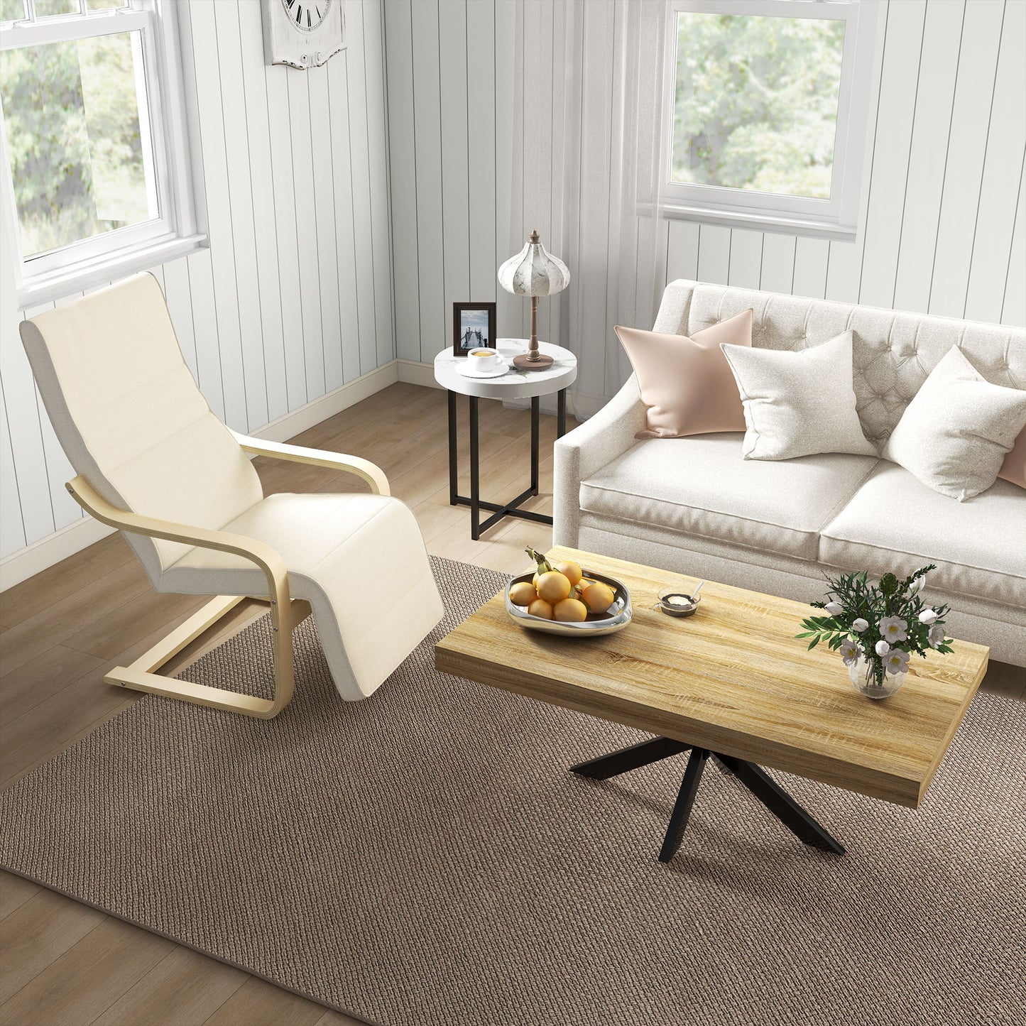 HOMCOM Wooden Armchair, Upholstered Linen Lounge Chair with Adjustable Footrest & Removable Cushion, Poang Chair for Living Room, Cream White