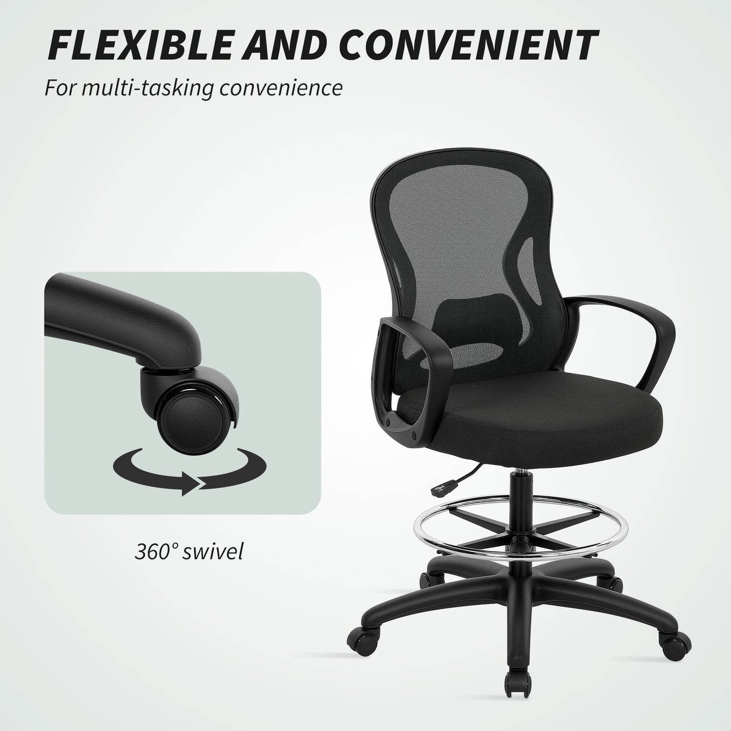 Vinsetto Drafting Chair with Adjustable Footrest, Ergonomic Mesh Office Chair with Lumbar Support, Adjustable Height for Standing Desk, Black