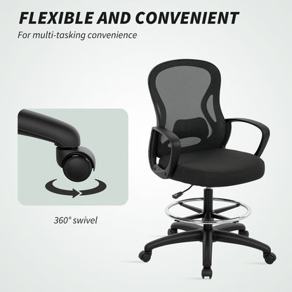 Vinsetto Drafting Chair with Adjustable Footrest, Ergonomic Mesh Office Chair with Lumbar Support, Adjustable Height for Standing Desk, Black