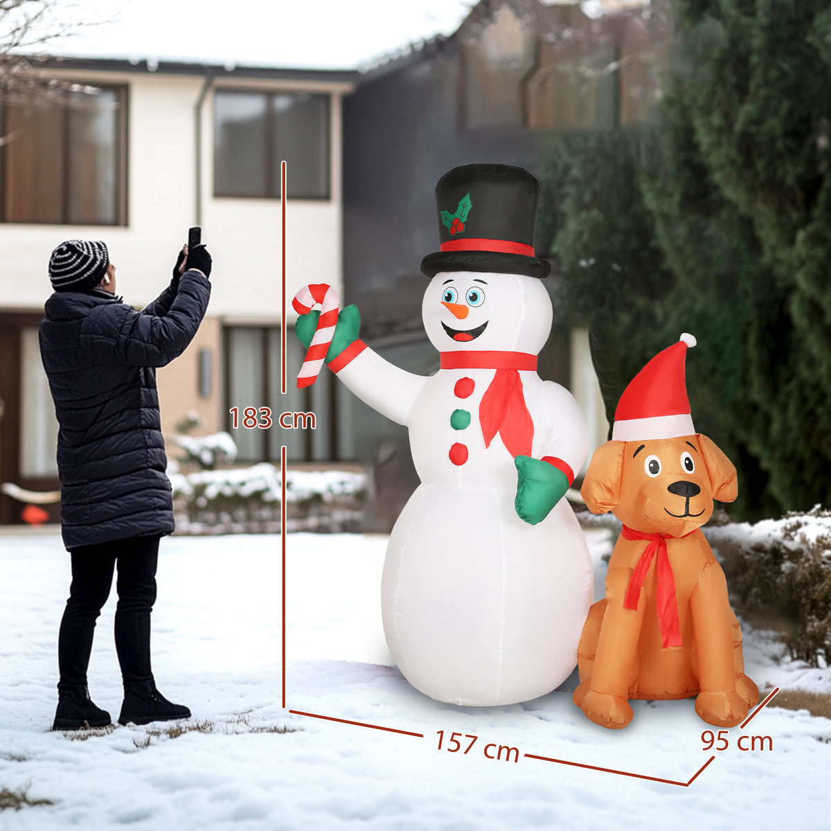 Outsunny 6FT Christmas Inflatables Snowman & Dog with Built-in LED Lights and Flashing Light, Blow Up Christmas Inflatable Decoration for Indoor Outdoor Decor, Garden