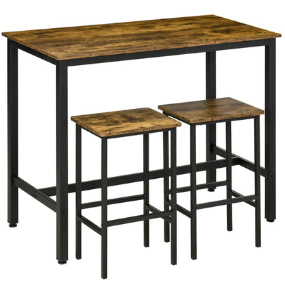 HOMCOM 120x60cm Bar Table Set, Breakfast Table with 2 Stools, 3-Piece Counter Height Dining Table & Chairs for Kitchen, Living Room, Rustic Brown