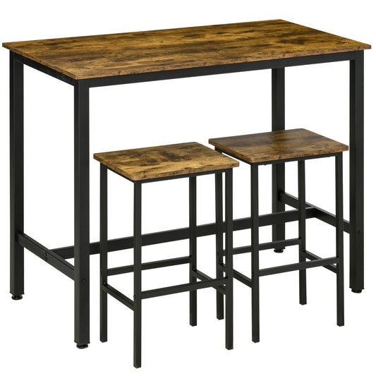 HOMCOM 120x60cm Bar Table Set, Breakfast Table with 2 Stools, 3-Piece Counter Height Dining Table & Chairs for Kitchen, Living Room, Rustic Brown