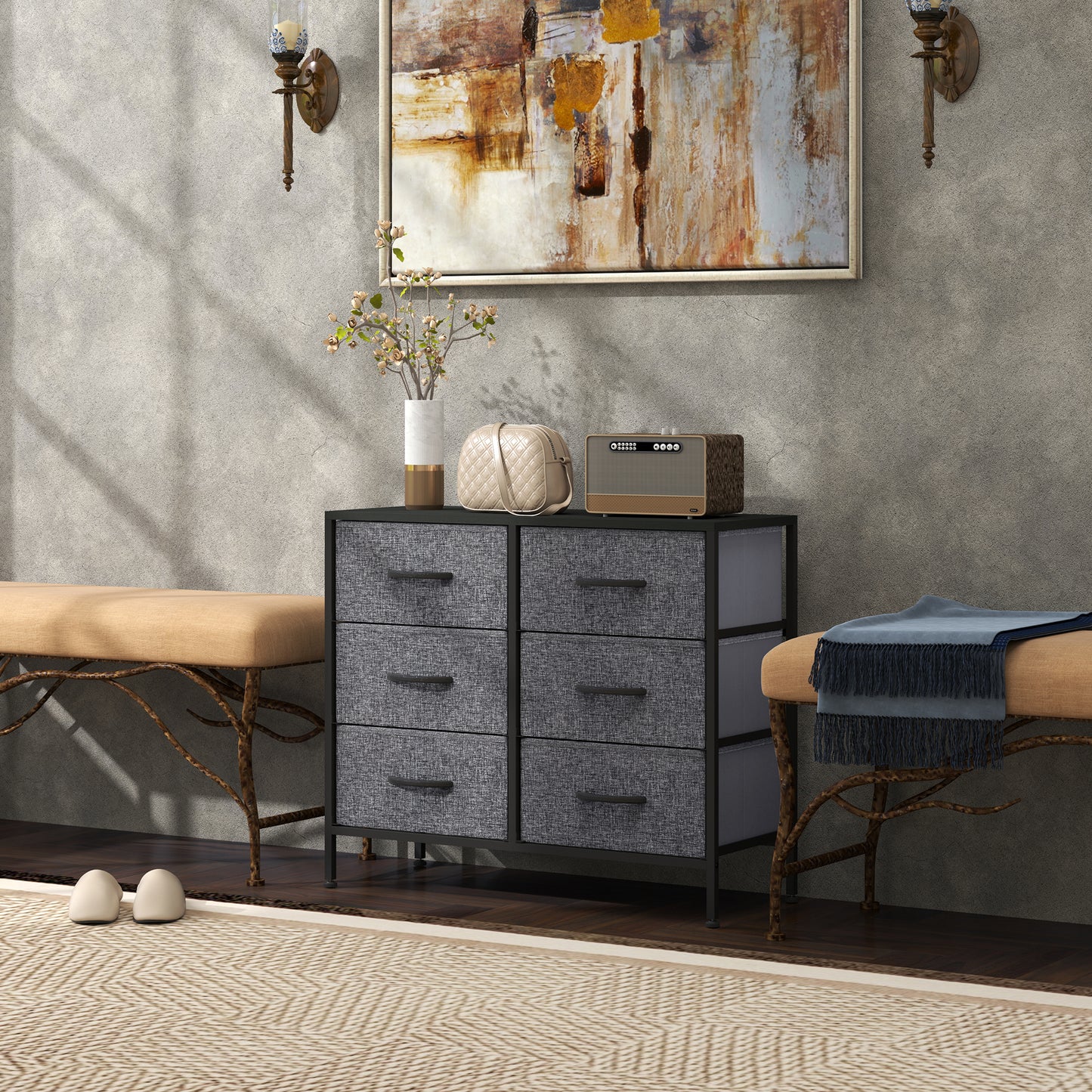 HOMCOM Fabric Chest of Drawers, Industrial Bedroom Dresser with 6 Fabric Drawers, Steel Frame and Wooden Top for Nursery, Living Room, Hallway, Black
