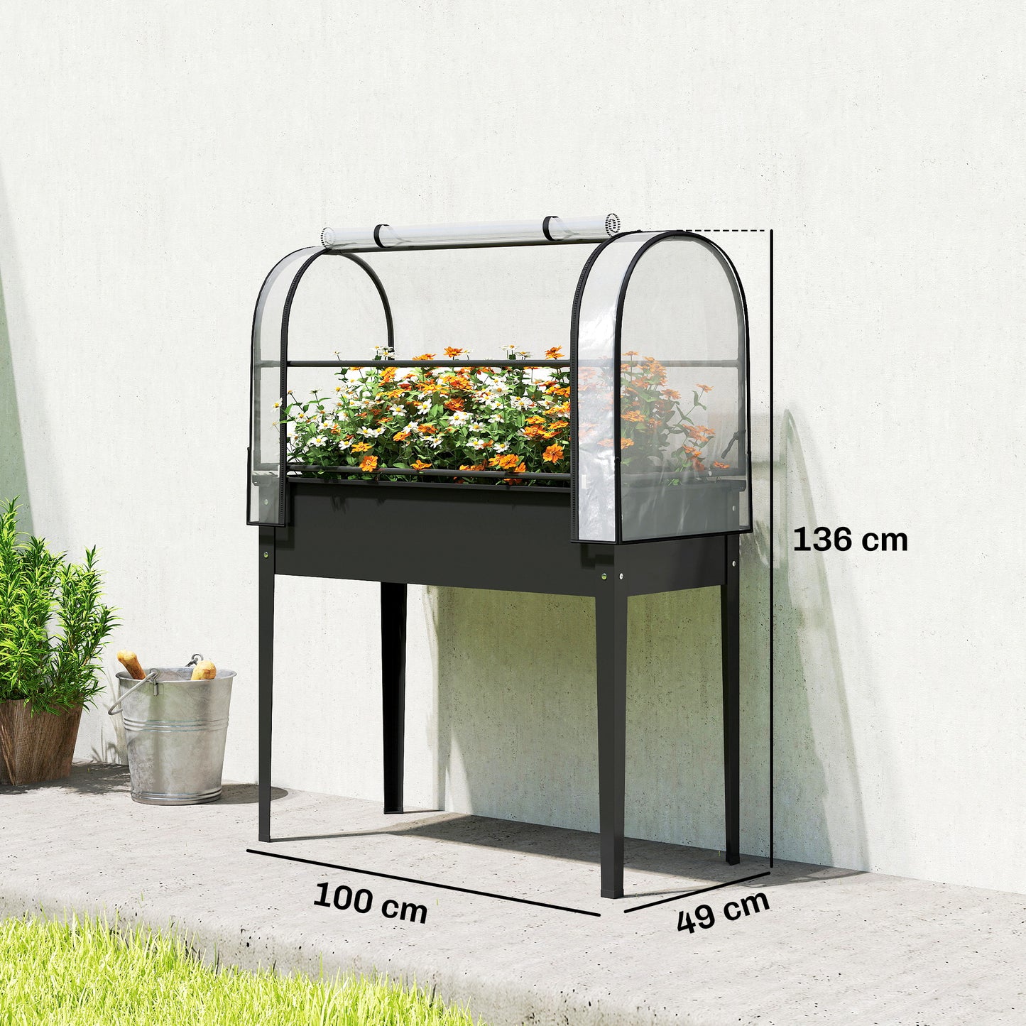 Outsunny Raised Planter with Flip-Up Greenhouse Cover, Metal Raised Garden Bed on Legs with Drainage Hole, Black