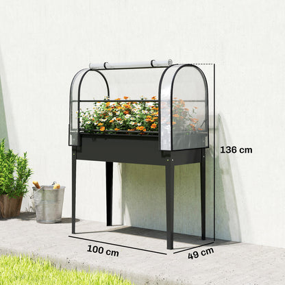 Outsunny Raised Planter with Flip-Up Greenhouse Cover, Metal Raised Garden Bed on Legs with Drainage Hole, Black