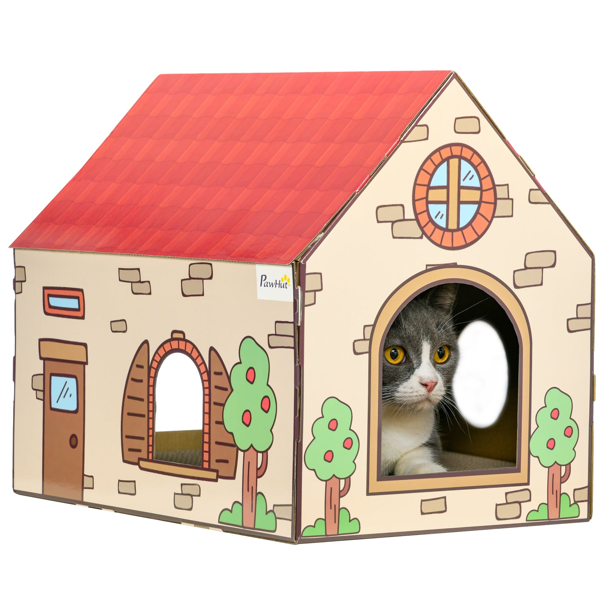 PawHut Two-In-One Cat House, Cat Scratching Board with Scratcher, Catnip, Cat Cardboard Scratcher for Indoor Cats--ChewyGames-ChewyGames