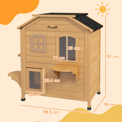 PawHut 2-story Cat House Outdoor, Weatherproof Wooden Cat Enclosure with Openable Roof, Jumping Platforms, Natural Wood Finish