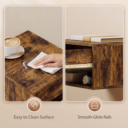 HOMCOM Set of Two Floating Bedside Tables - Rustic Brown