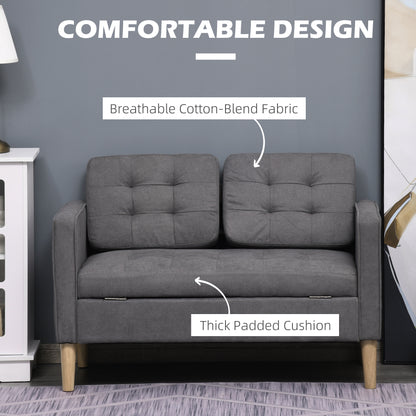 HOMCOM 2 Seater Storage Sofa, Fabric Couch with Hidden Under Seat Storage, Thick Cushions, Compact Space Saving Settee with Rubberwood Legs for Living Room, Apartment, Grey