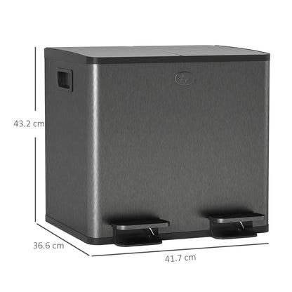 HOMCOM 30L Dual Compartment Stainless Steel Bin, with Deodoriser Holders - Black