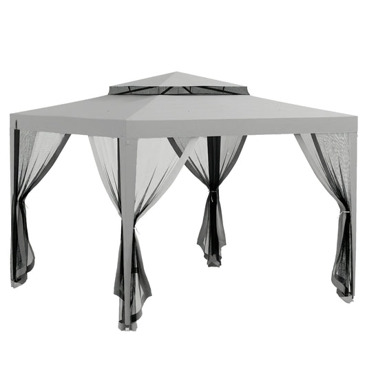 Outsunny 3 x 3 m Gazebo, Netting Party Tent, Patio Canopy Outdoor Event Shelter with Double Tier Roof, Light Grey