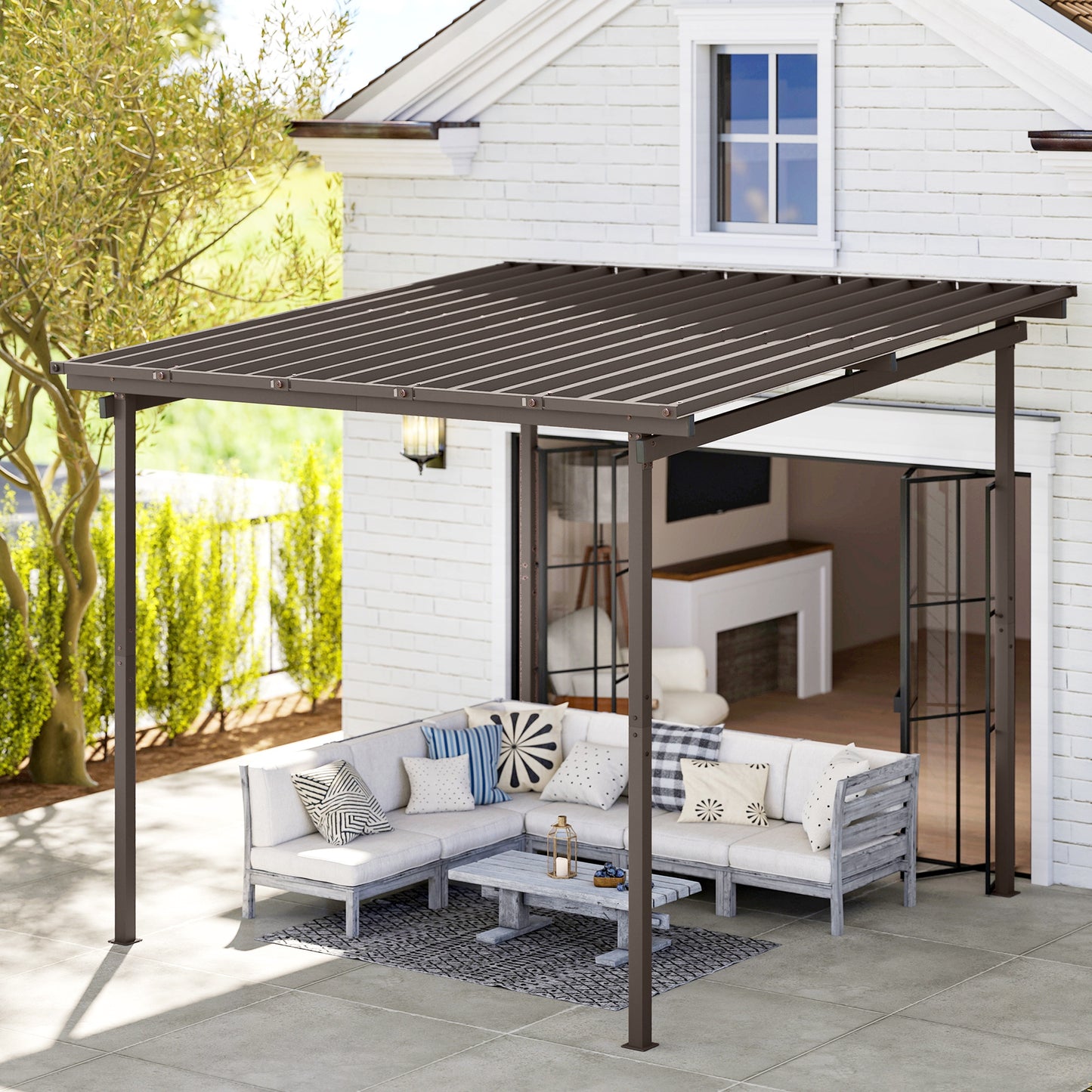 Outsunny 3 x 3(m) Garden Pergola with Waterproof Metal Roof, Lean to Pergola Hardtop Gazebo, Brown