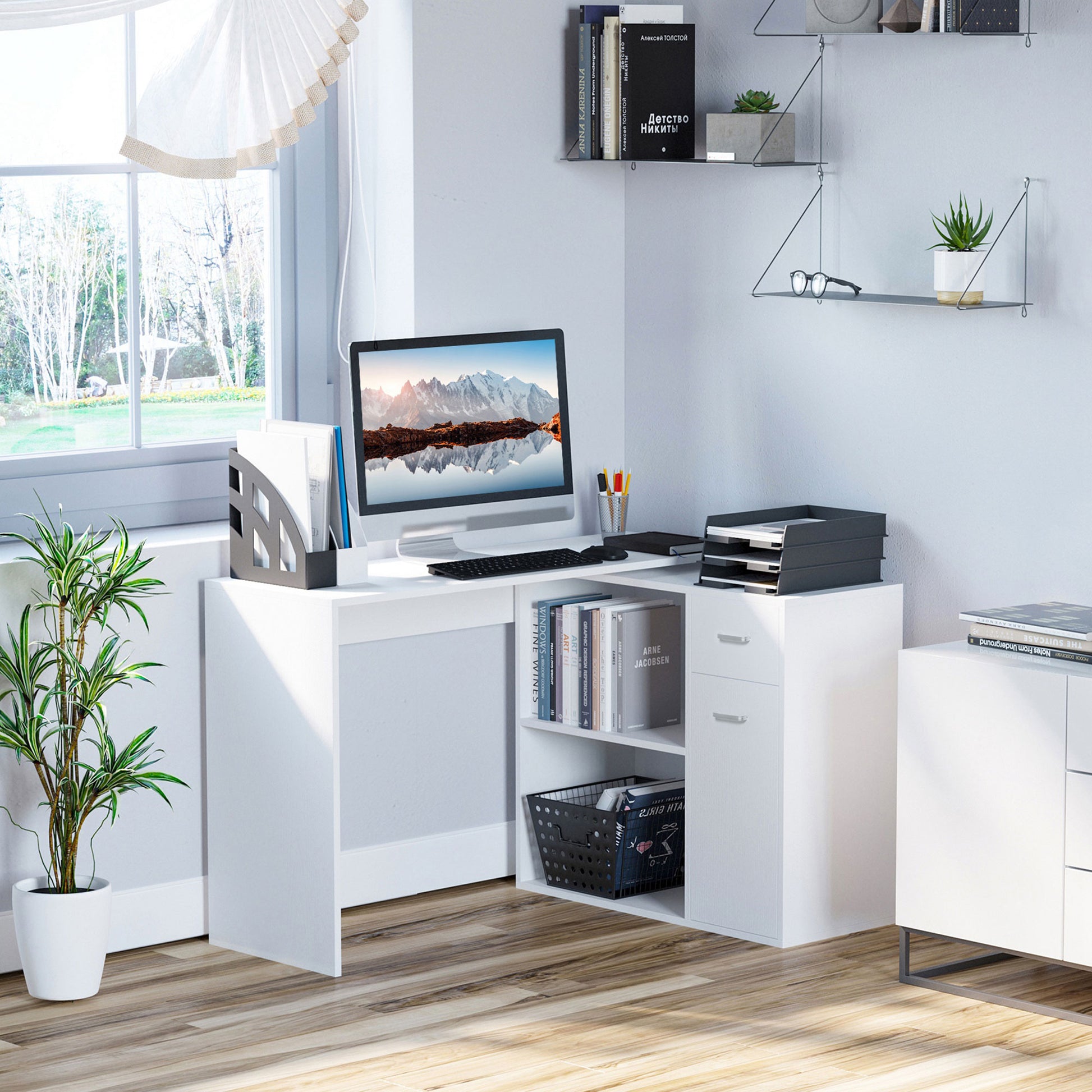 HOMCOM L-Shaped Desk, Corner Computer Desk, Adjustable Study Table with Storage Shelf, Drawer and Cabinet, Workstation for Home Office, White Wood Grain--ChewyGames-ChewyGames