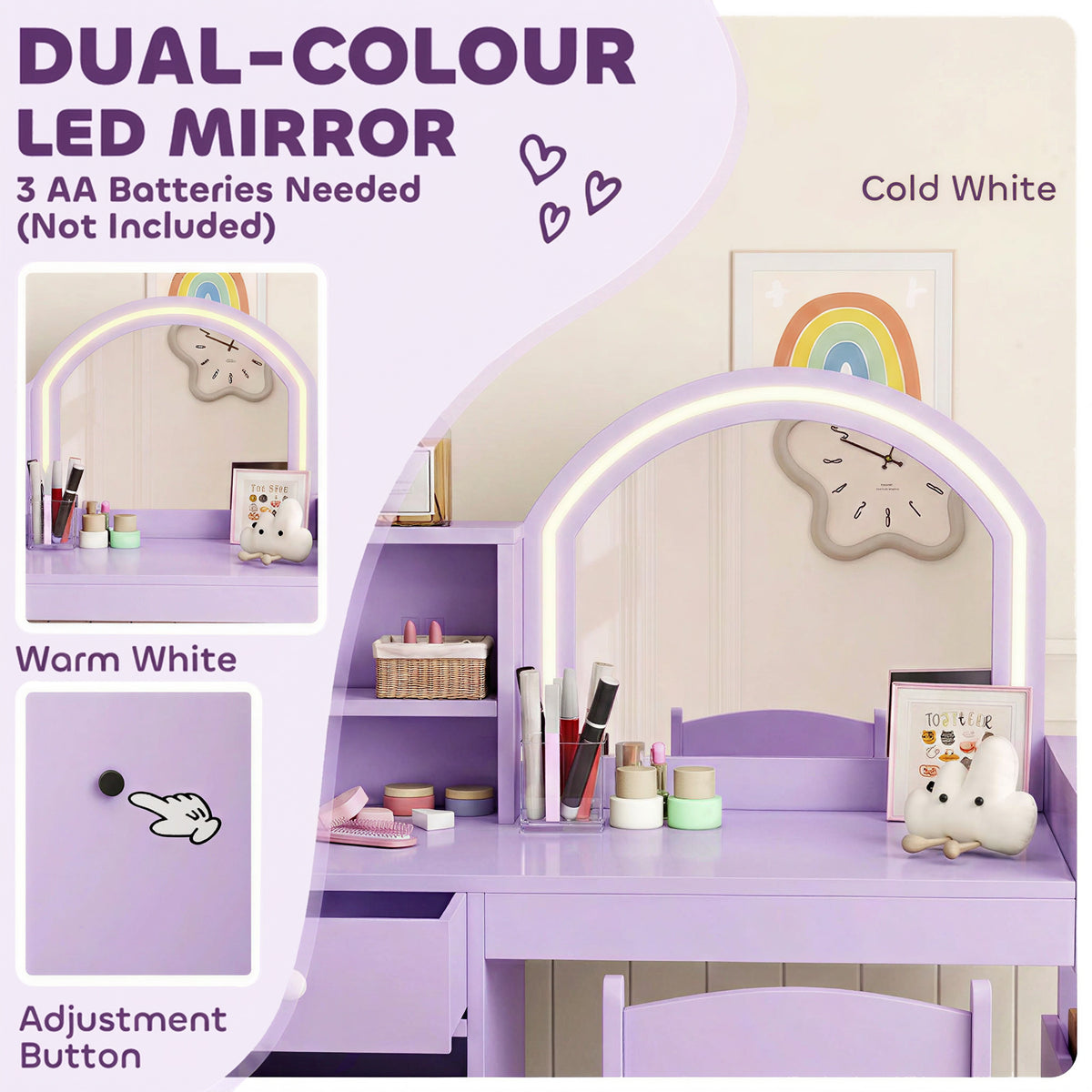 AIYAPLAY Kids Vanity Table and Chair Set, Girls Dressing Table with 2-Colour LED Mirror, Stool, Cabinet, Drawer, Shelves, Purple