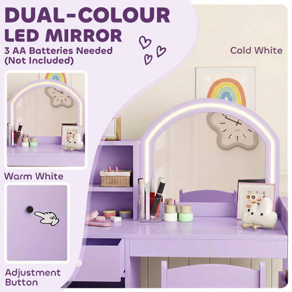 AIYAPLAY Kids Vanity Table and Chair Set, Girls Dressing Table with 2-Colour LED Mirror, Stool, Cabinet, Drawer, Shelves, Purple