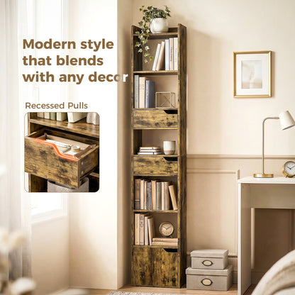 HOMCOM Bookcase Tall Narrow with 5 Tiers and Drawers Freestanding Bookshelf Storage Cabinet for Living Room Rustic Brown