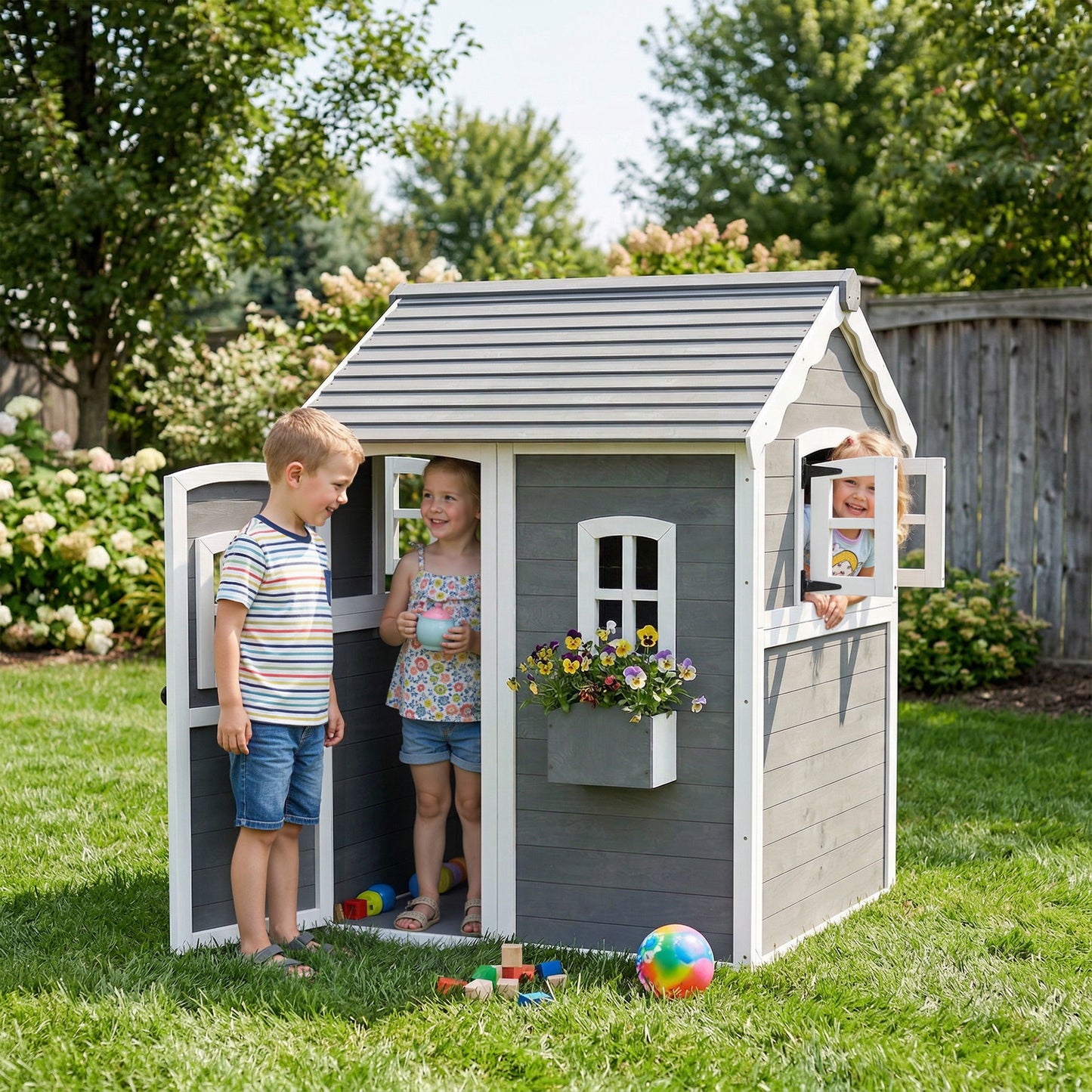 Outsunny Wooden Playhouse for Kids with Doors, Windows, Plant Box, Floors, for Ages 3-8 Years, for Gardens, Lawns, Patios - Grey