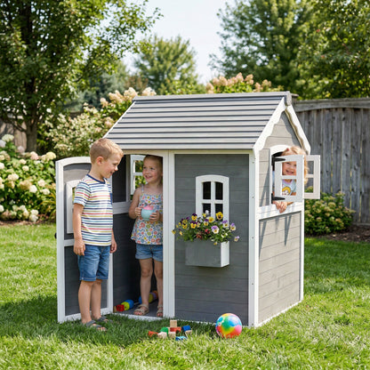 Outsunny Wooden Playhouse for Kids with Doors, Windows, Plant Box, Floors, for Ages 3-8 Years, for Gardens, Lawns, Patios - Grey
