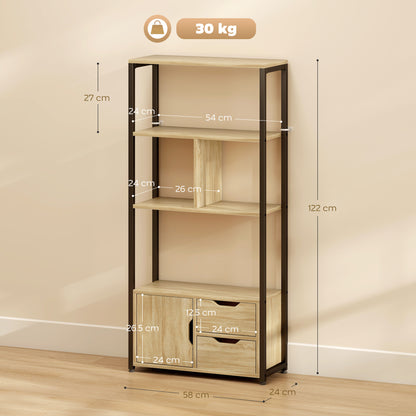 HOMCOM 4-Tier Bookcase, Bookshelf with 1 Cabinet and 2 Drawers for Living Room, Bedroom, Study, Natural Wood