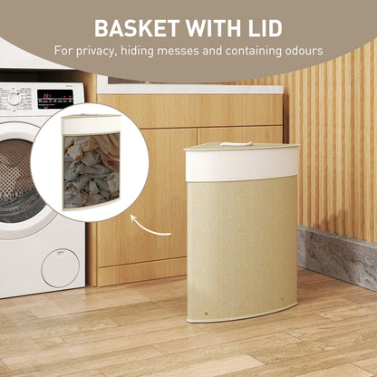 HOMCOM Bamboo Laundry Basket with Lid, 55L Corner Laundry Hamper with Removable Washable Liner Bag, Bathroom Triangle Washing Basket, 35 x 35 x 60 cm, Nature Wood Finish