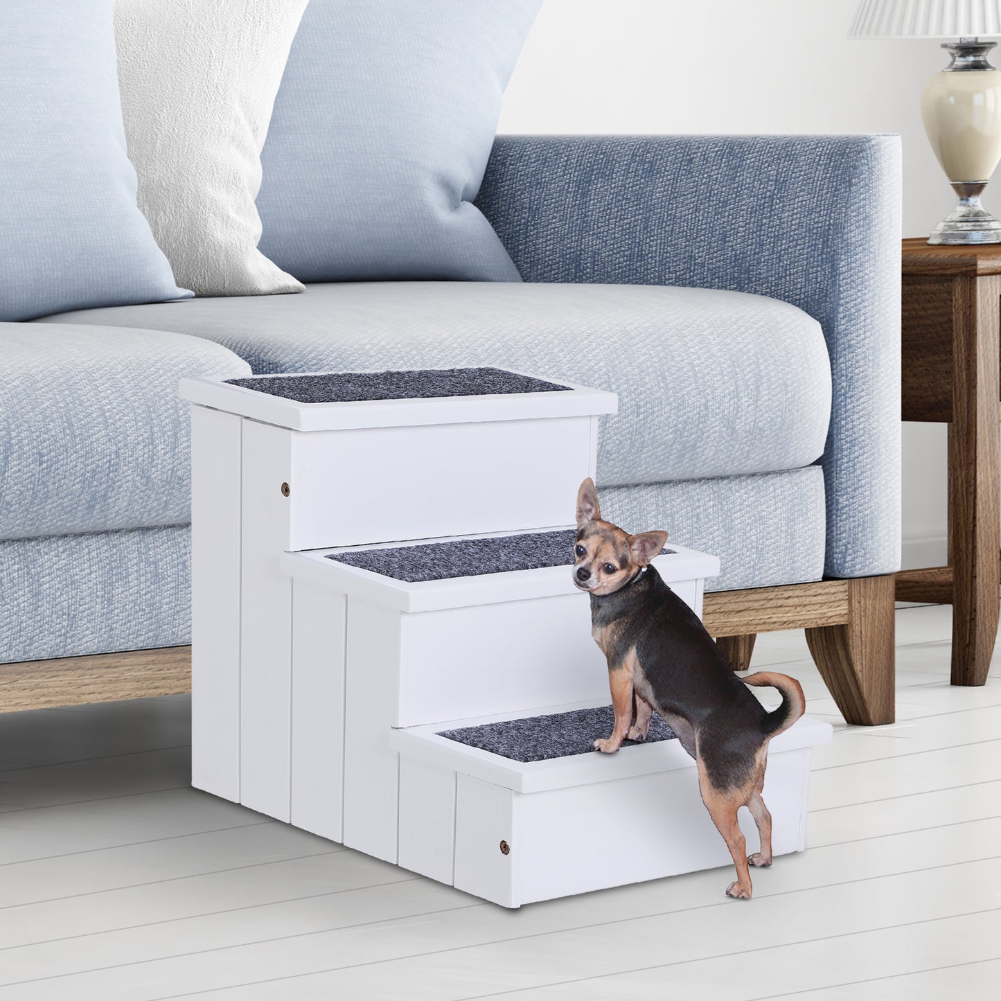 PawHut Dog Steps for Bed Sofa, 3 Step Wooden Dog Stairs for Sofa, Pet Stairs with Storage for Small Cats and Puppy, White
