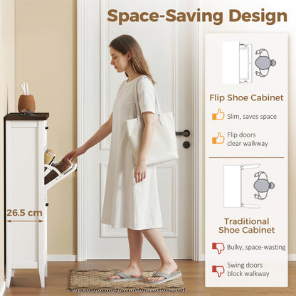 HOMCOM Shoe Cabinet with 2 Flip Drawers, Farmhouse Narrow Shoe Storage Cabinet with Adjustable Shelves, White