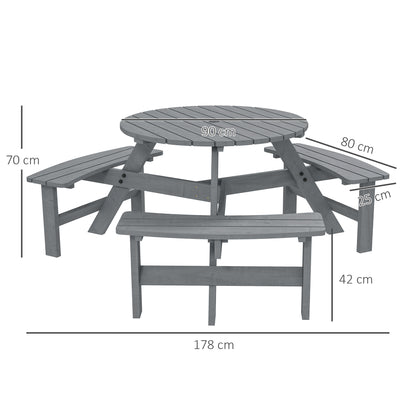 Outsunny Wooden Garden Dining Set, 6 Seater Round Dining Picnic Table with Matching Bench, Garden Furniture Set with Parasol Hole for Outdoor Patio Party and Family Gatherings, Grey