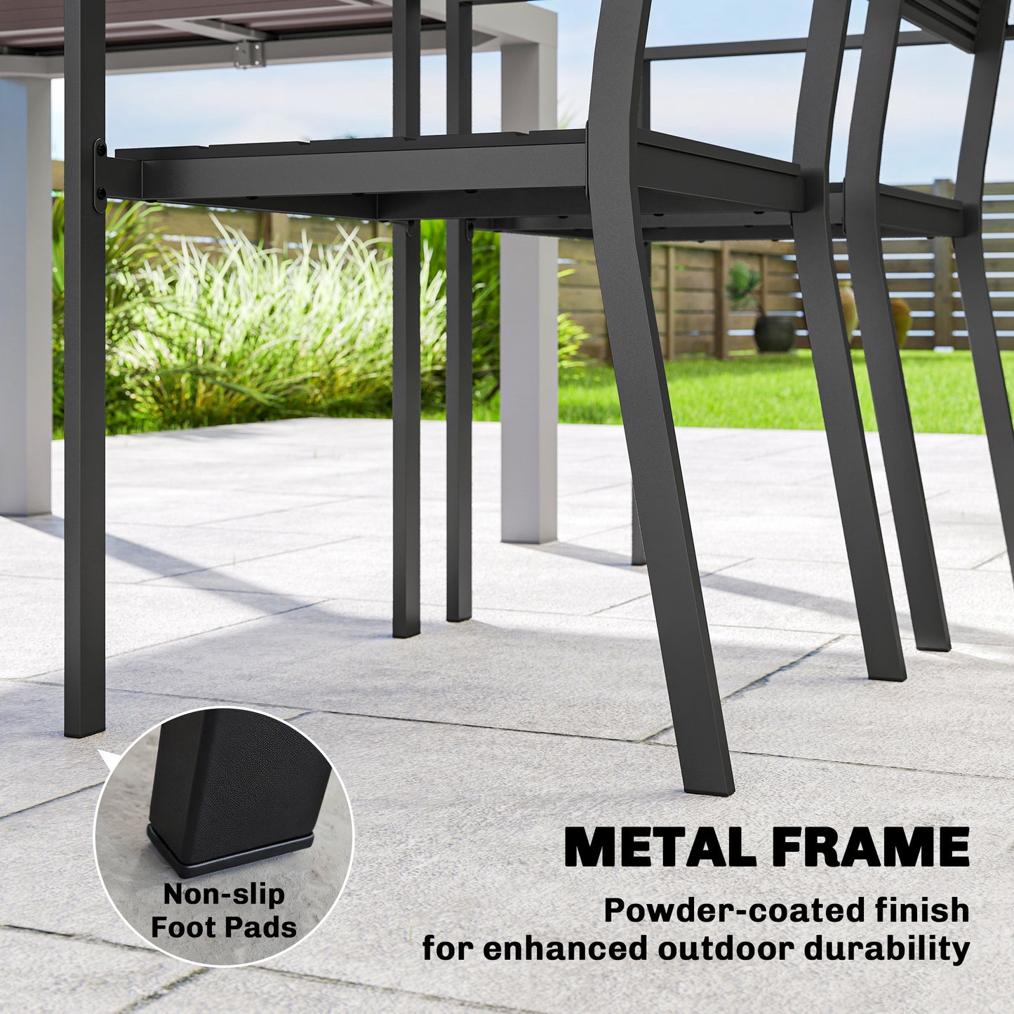 Outsunny Stackable Garden Chairs Set of 4, Garden Dining Chairs with Slatted HDPE Seat Back, Armrests, Metal Frame, Black