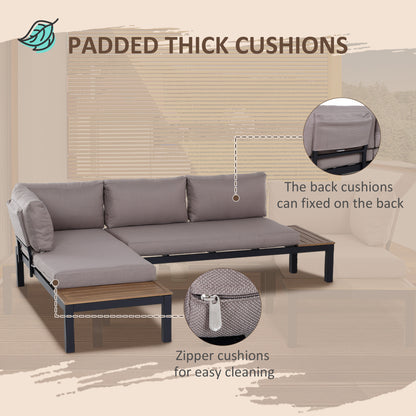 Outsunny 3 Pieces Garden Furniture Set, Aluminium 4 Seater Corner Sofa Set with 2 Loveseats, Coffee Table and Side Trays, Outdoor Conversation Furniture with Cushions for Garden, Black
