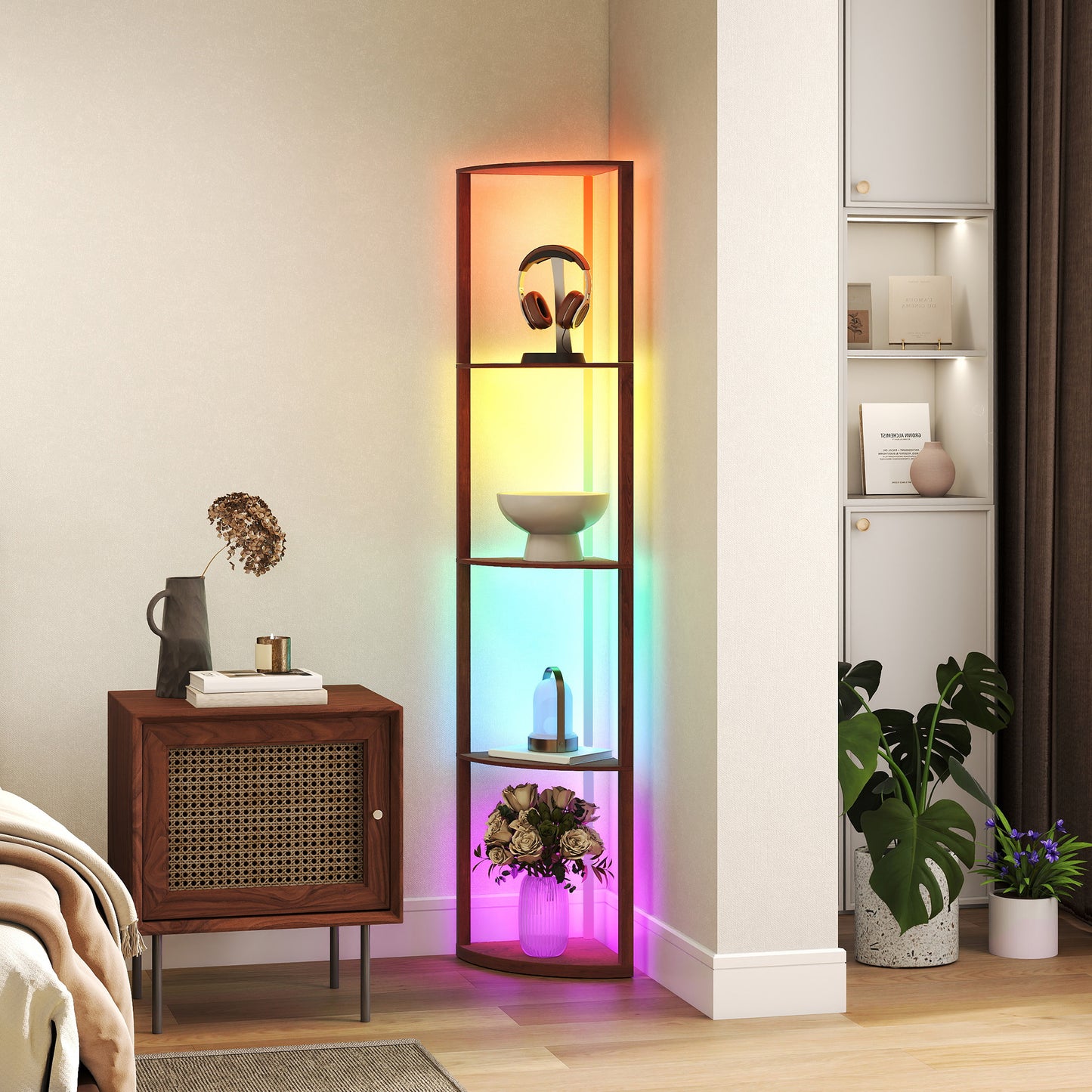 HOMCOM RGB Standing Lamp with Shelves, 4-Tier LED Floor Lamp with Multiple Lighting Modes, Brown