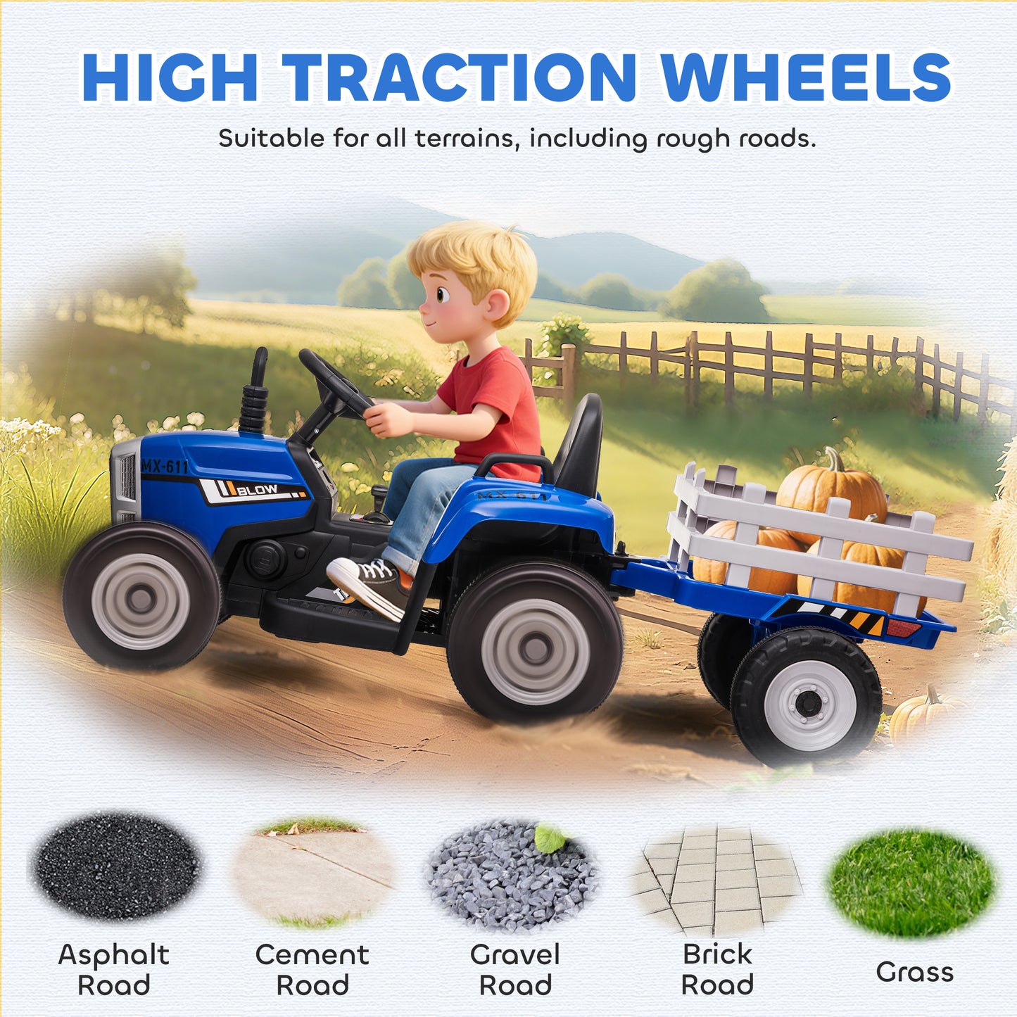 HOMCOM Ride On Tractor, Battery Powered Electric Car, with Detachable Trailer, Remote Control, Music, Blue