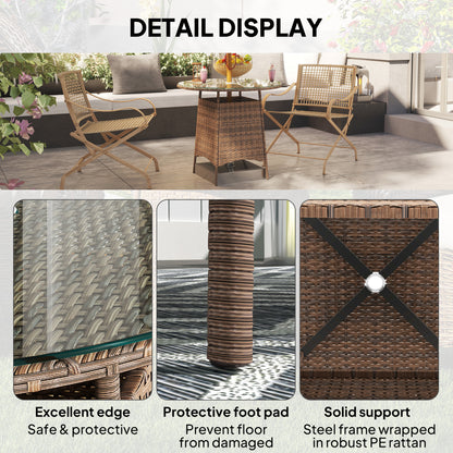 Outsunny Wicker Garden Rattan Table, Patio Furniture Outdoor Coffee Table with Umbrella Hole and Tempered Glass Top, Brown