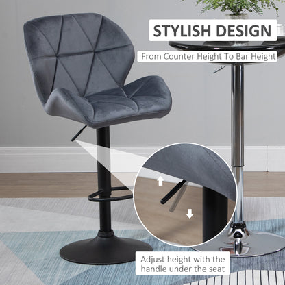 HOMCOM Bar Stools Set Of 2, Luxurious Velvet-Touch Barstools with Metal Frame Footrest Round Base Triangle Indenting Moulded Seat Adjustable Height Swivel Dark Grey