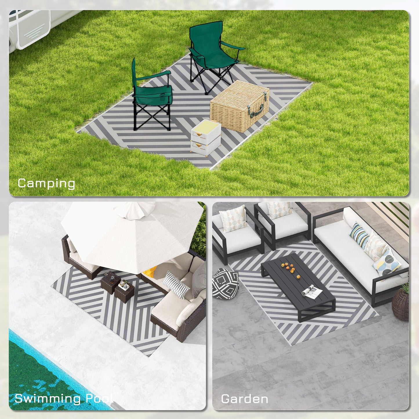 Outsunny Plastic Straw Reversible RV Outdoor Rug with Carry Bag, 182 x 274cm, Grey and Cream--ChewyGames-ChewyGames