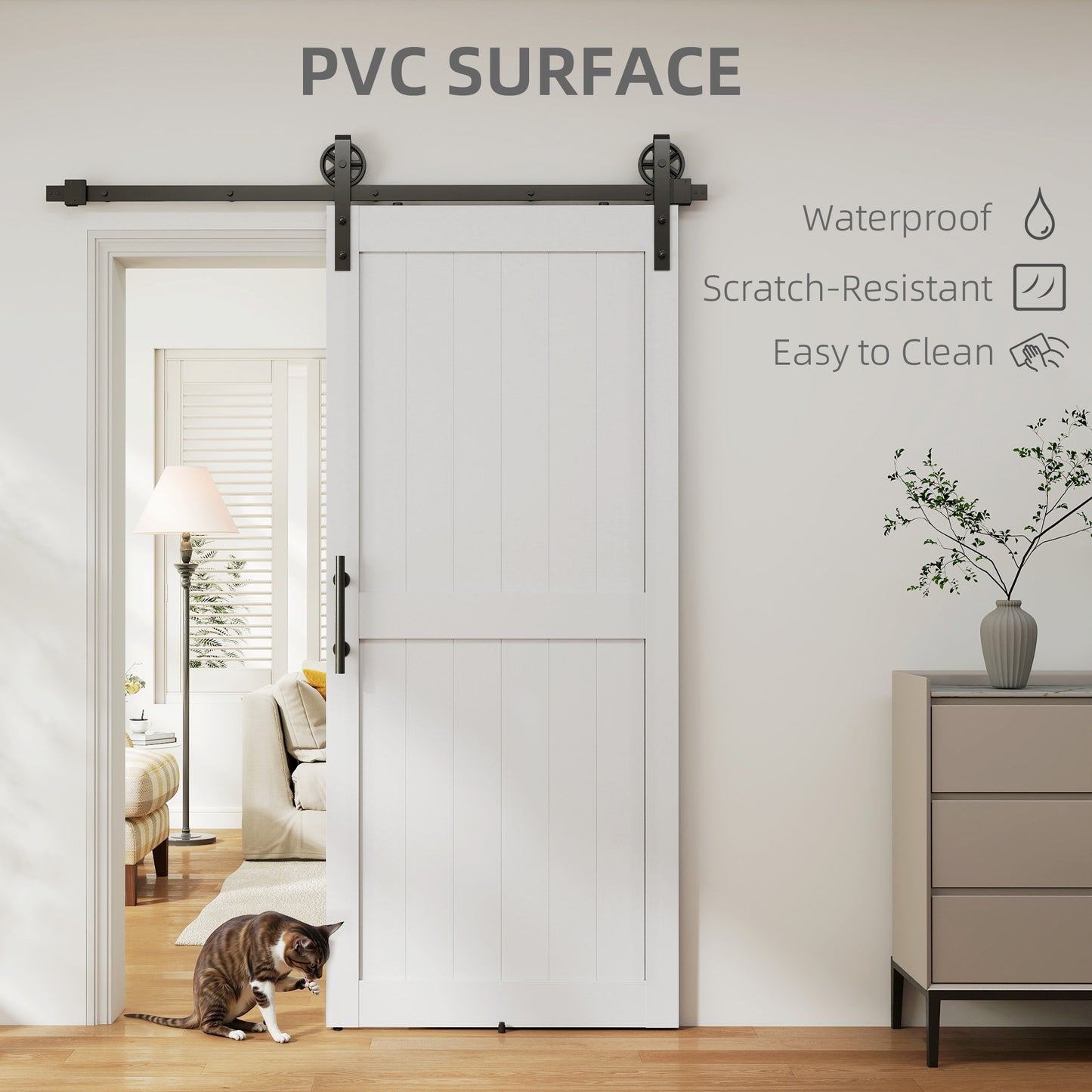 HOMCOM 183cm Sliding Barn Door Kit, Sliding Door with Track, Hardware, Upgraded Rollers and Floor Guide, Handle, White