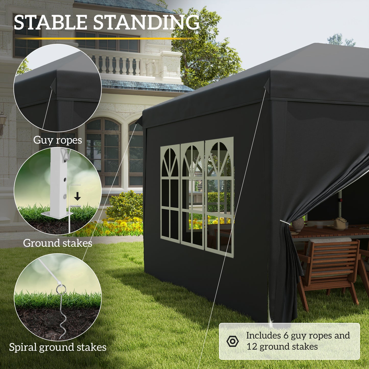 Outsunny 3 x 6 m Pop Up Gazebo with Sides and Windows, Height Adjustable Wedding Camping Party Tent Canopy Marquee with Storage Bag for Garden, Event, Black